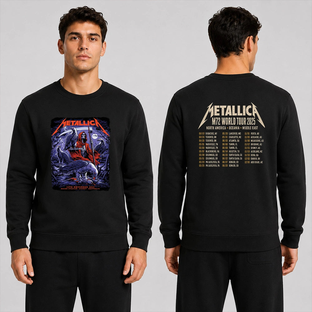 Metallica M72 World Tour November 15 2025 Accor Stadium Sydney Australia 2 side T-shirt by Blair Sayer featuring a hooded skeletal reaper, birds of prey, full moon, lightning, twisted trees and Sydney event text.